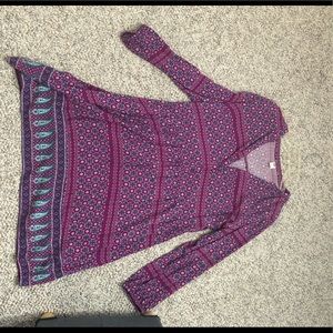 Purple Design dress with blue, white, and teal patterns